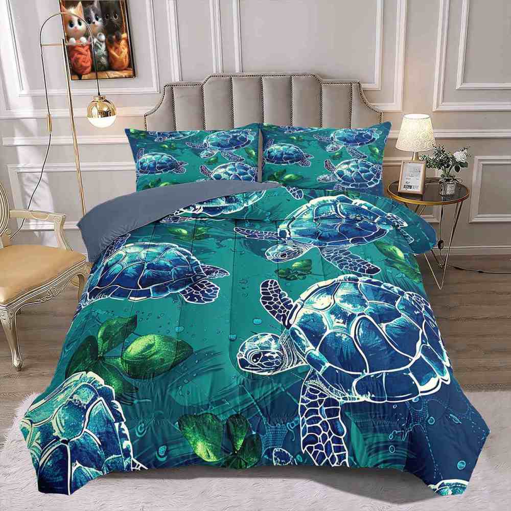 Teal Tropical Sea Turtle Pattern Comforter Set for Kids & Teens | CozyLil