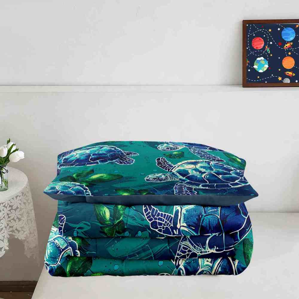Teal Tropical Sea Turtle Pattern Comforter Set for Kids & Teens | CozyLil
