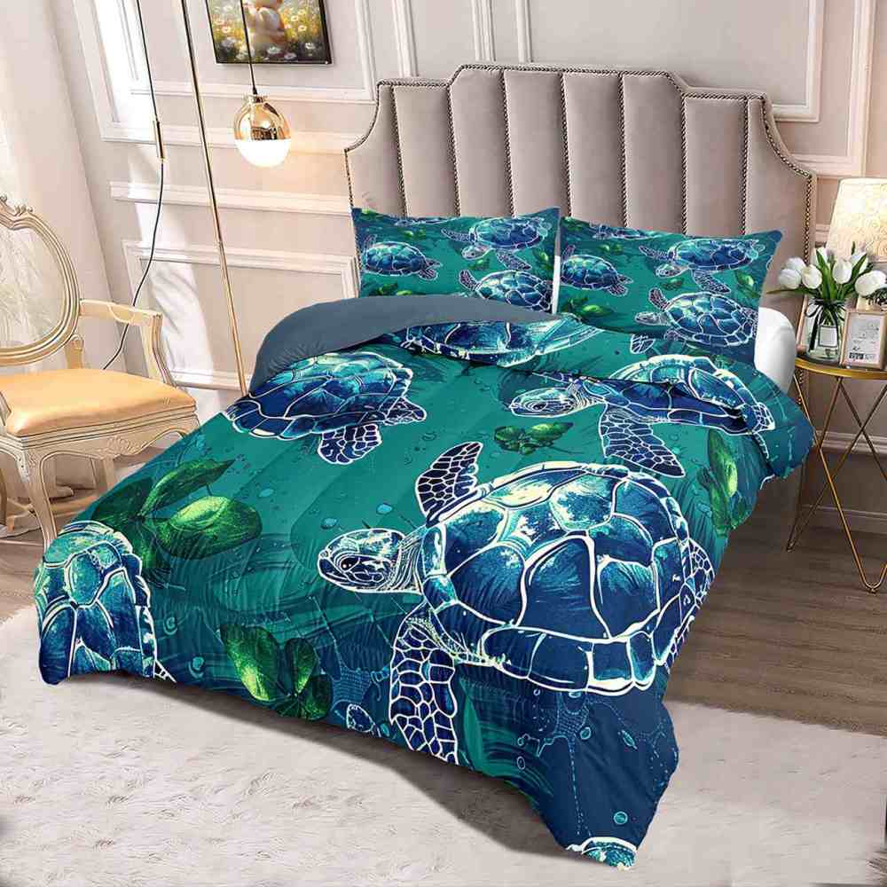 Teal Tropical Sea Turtle Pattern Comforter Set for Kids & Teens | CozyLil