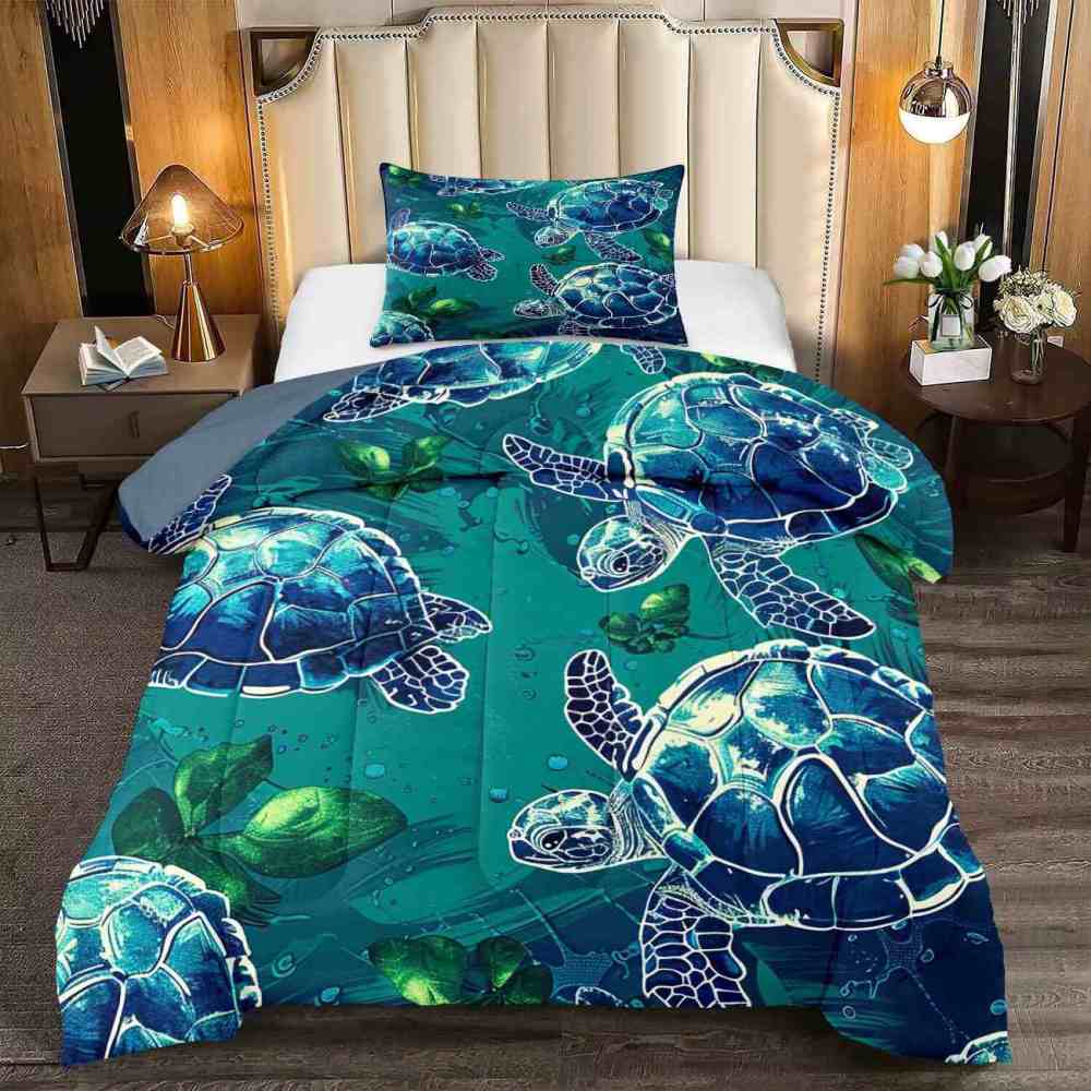 Teal Tropical Sea Turtle Pattern Comforter Set for Kids & Teens | CozyLil