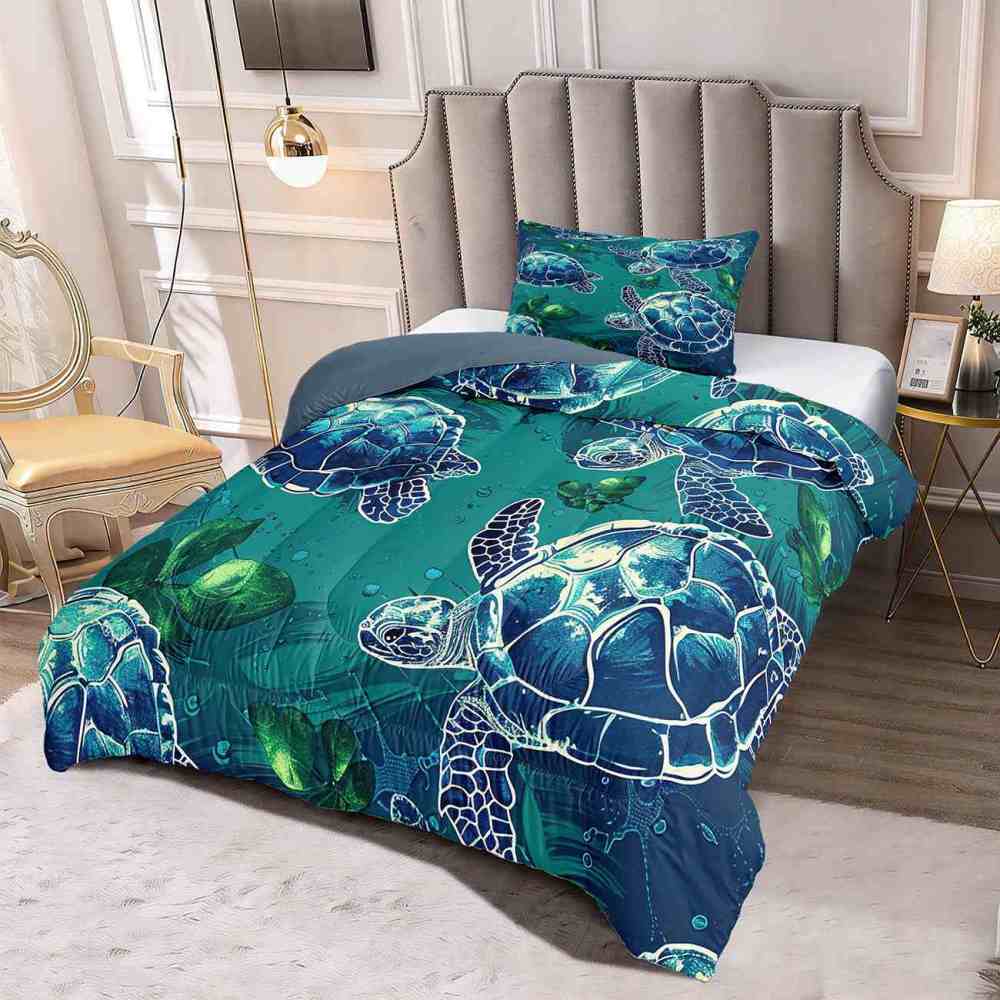 Teal Tropical Sea Turtle Pattern Comforter Set for Kids & Teens | CozyLil