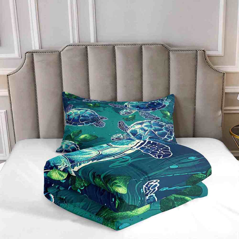 Teal Tropical Sea Turtle Pattern Comforter Set for Kids & Teens | CozyLil