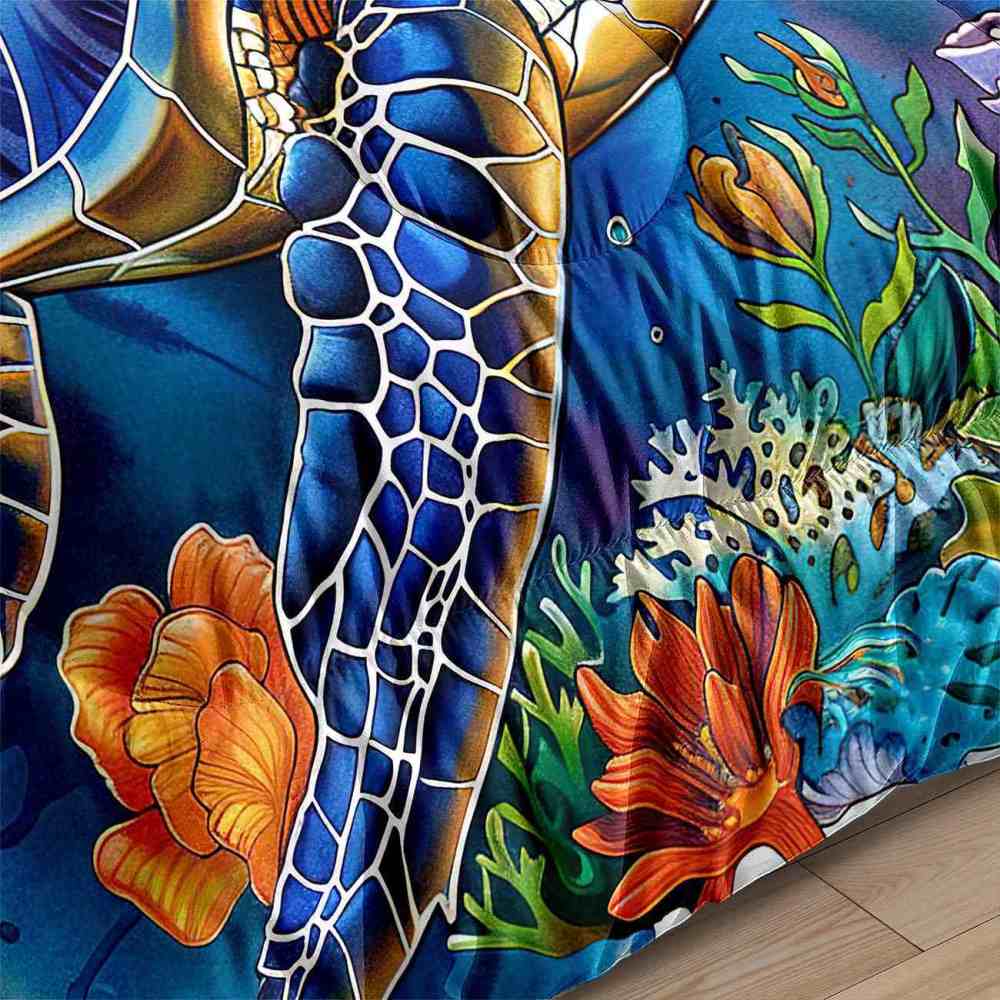 Blue Lagoon Sea Turtle & Coral Bloom Comforter Set for Teens | CozyLil