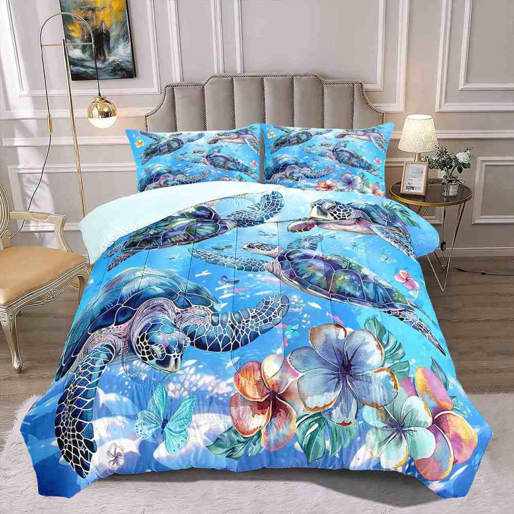 Ocean Blue Sea Turtle & Floral Butterfly Comforter Set | CozyLil