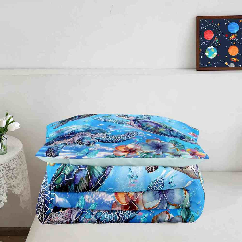 Ocean Blue Sea Turtle & Floral Butterfly Comforter Set | CozyLil
