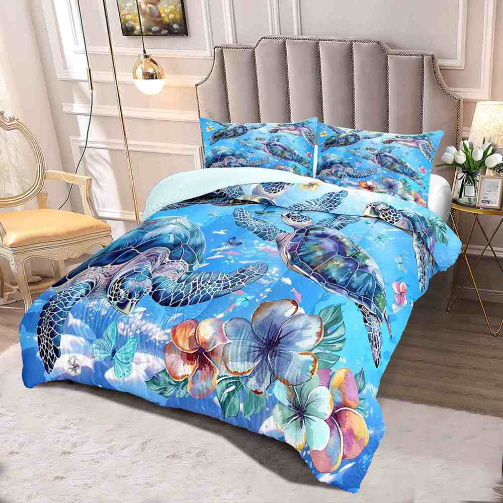 Ocean Blue Sea Turtle & Floral Butterfly Comforter Set | CozyLil