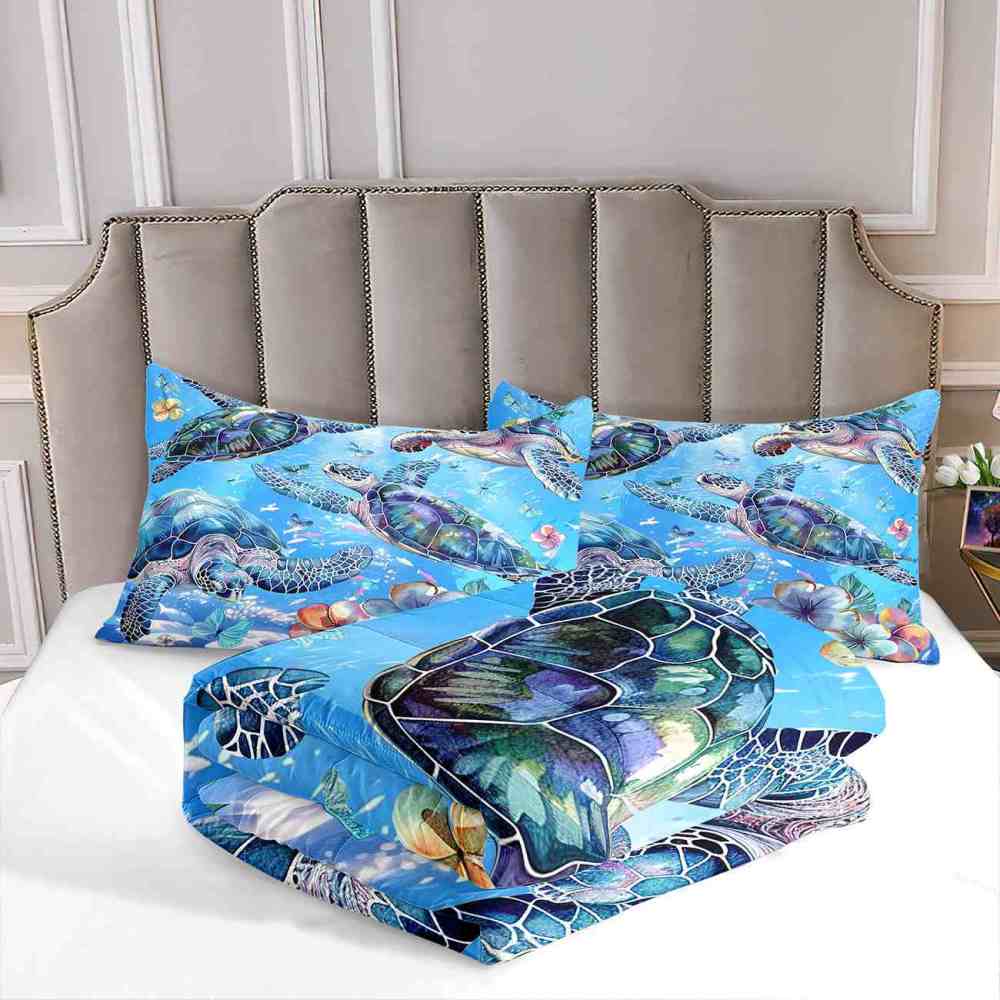 Ocean Blue Sea Turtle & Floral Butterfly Comforter Set | CozyLil