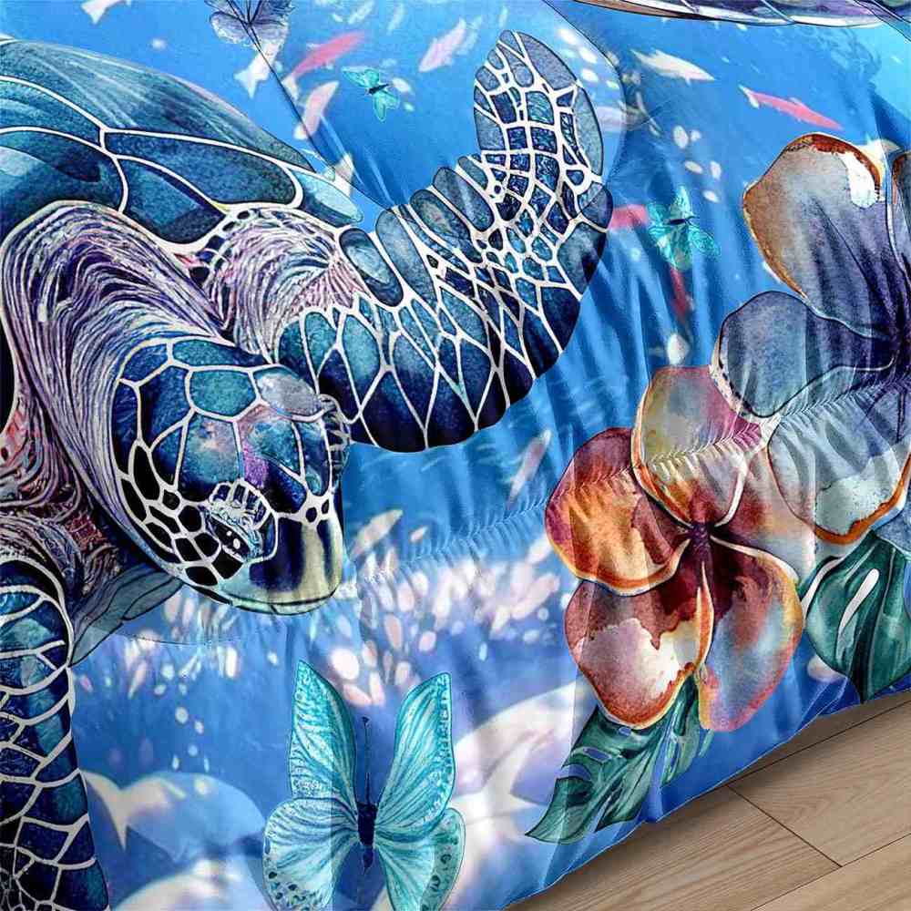 Ocean Blue Sea Turtle & Floral Butterfly Comforter Set | CozyLil