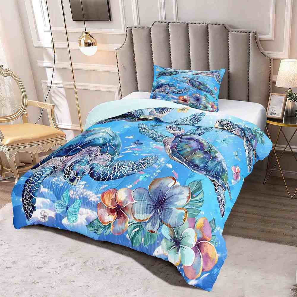 Ocean Blue Sea Turtle & Floral Butterfly Comforter Set | CozyLil