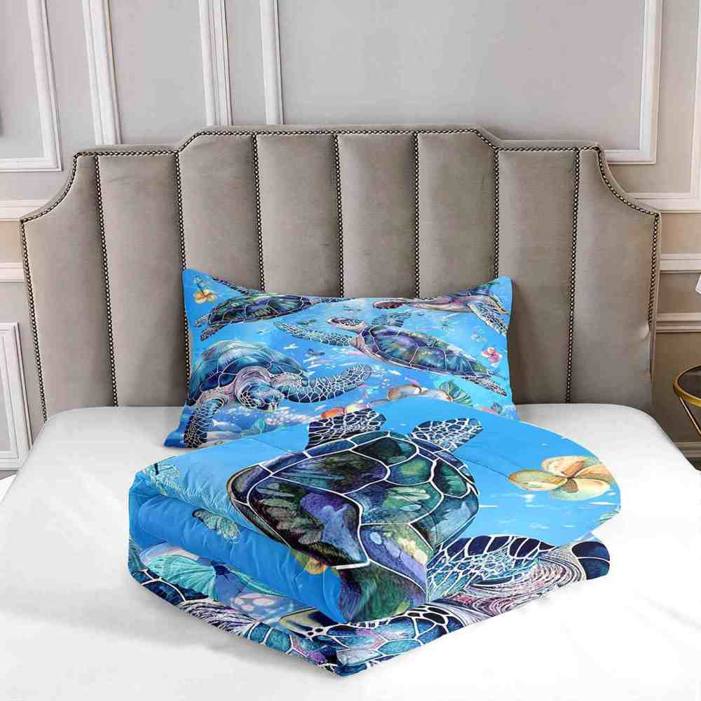 Ocean Blue Sea Turtle & Floral Butterfly Comforter Set | CozyLil
