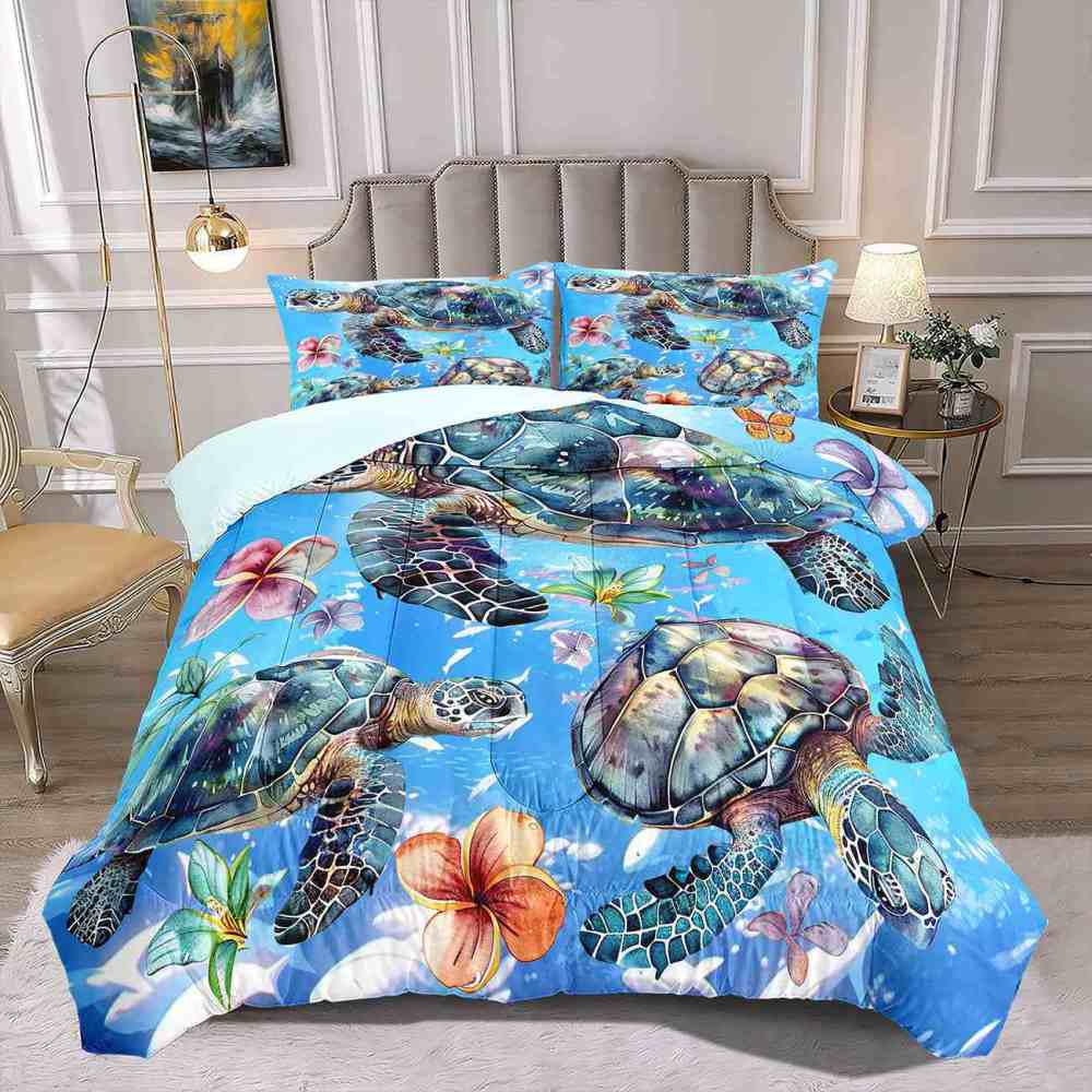 Aquamarine Sea Turtle & Tropical Lily Comforter Set | CozyLil