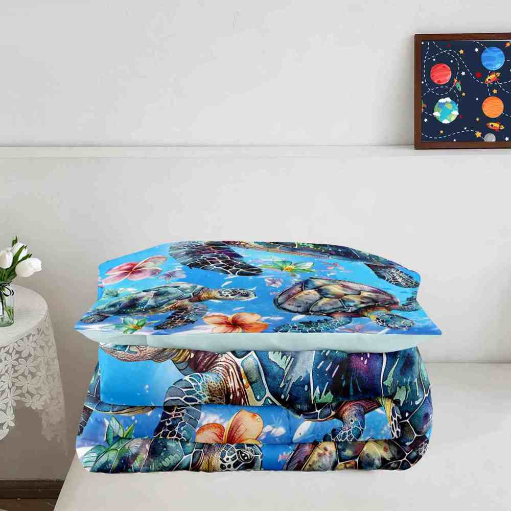 Aquamarine Sea Turtle & Tropical Lily Comforter Set | CozyLil