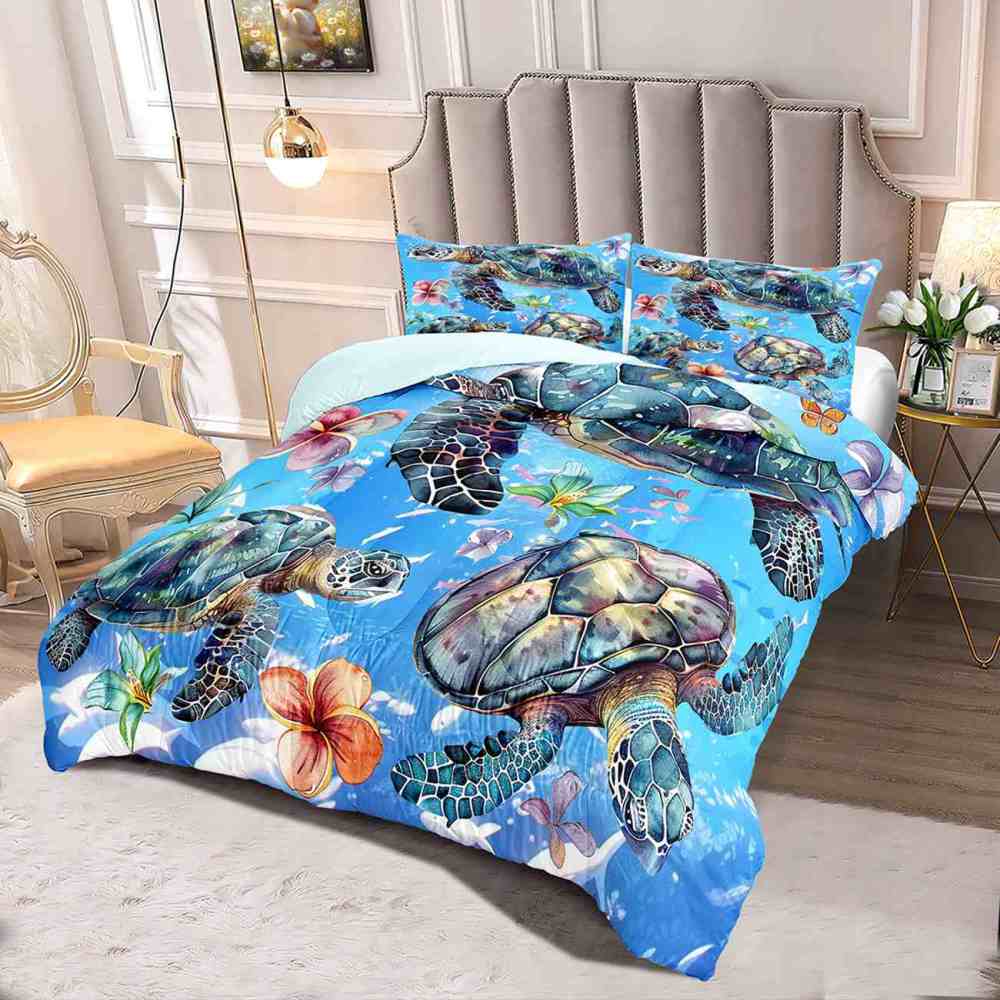 Aquamarine Sea Turtle & Tropical Lily Comforter Set | CozyLil