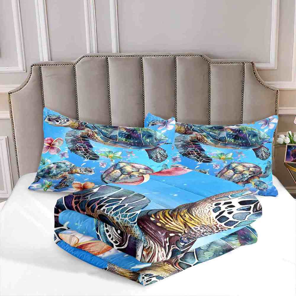 Aquamarine Sea Turtle & Tropical Lily Comforter Set | CozyLil