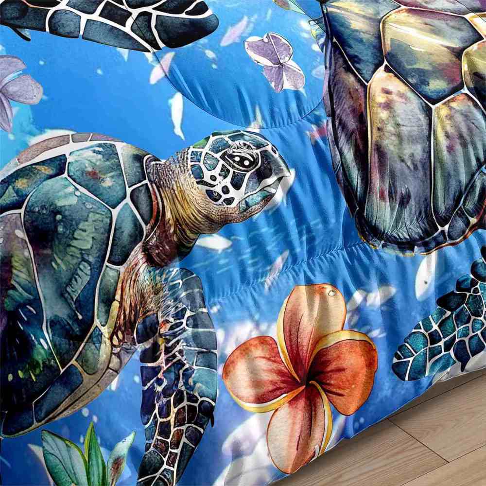 Aquamarine Sea Turtle & Tropical Lily Comforter Set | CozyLil
