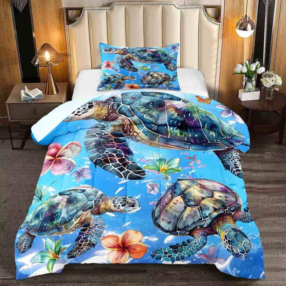 Aquamarine Sea Turtle & Tropical Lily Comforter Set | CozyLil