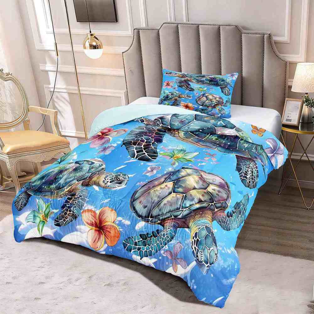 Aquamarine Sea Turtle & Tropical Lily Comforter Set | CozyLil