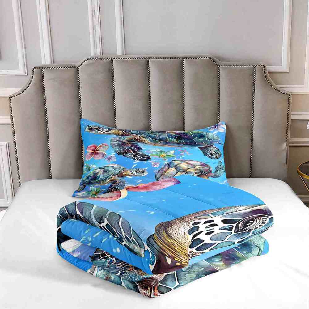 Aquamarine Sea Turtle & Tropical Lily Comforter Set | CozyLil