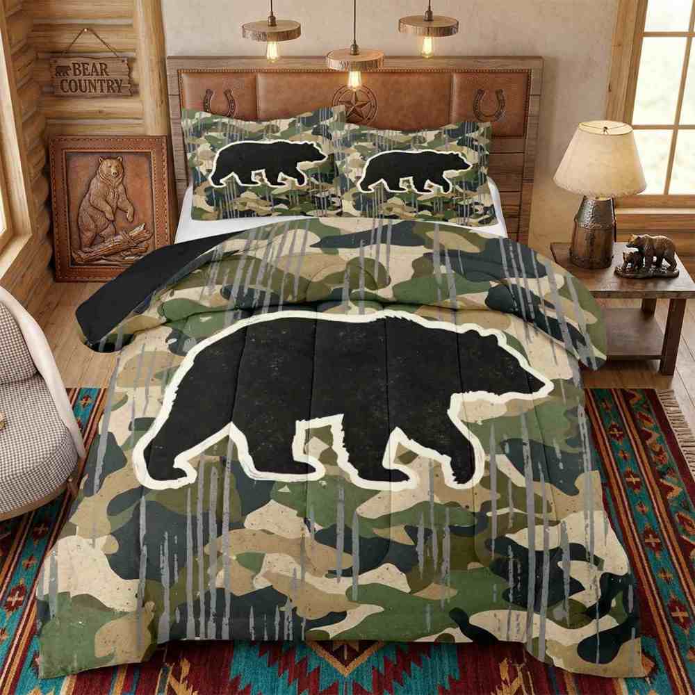 Camo Bear Silhouette Comforter Set Twin/Full Boys Bedding | CozyLil