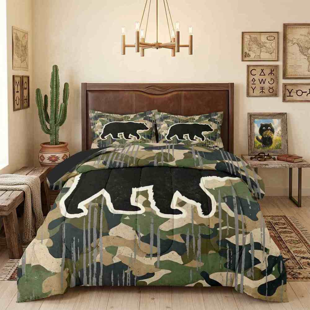 Camo Bear Silhouette Comforter Set Twin/Full Boys Bedding | CozyLil