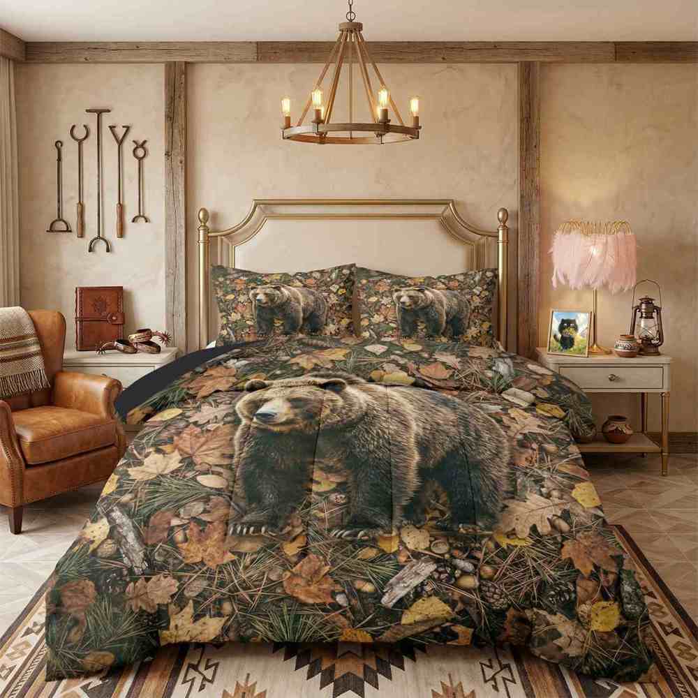 Autumn Forest Grizzly Bear Comforter Set Full/Queen | CozyLil