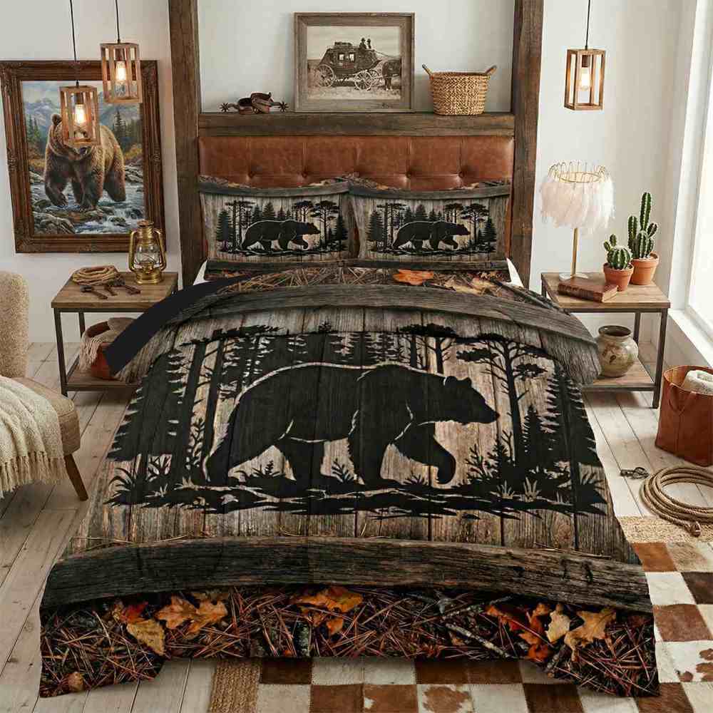 Dark Forest Silhouette Bear Comforter Set | CozyLil
