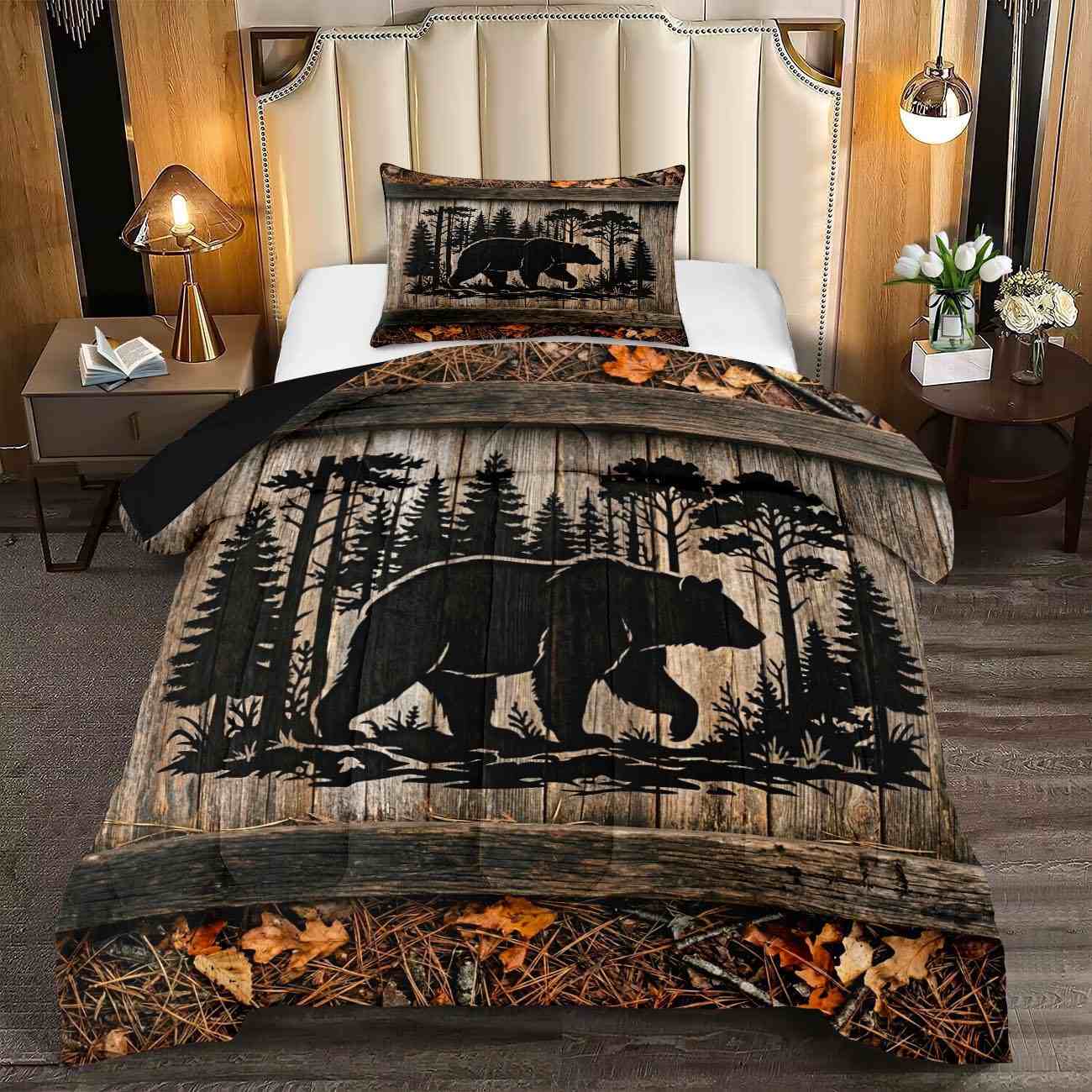 Dark Forest Silhouette Bear Comforter Set | CozyLil