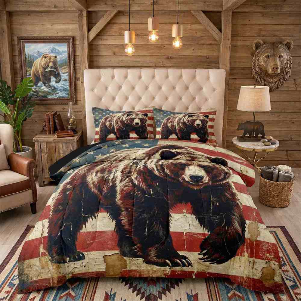 American Flag Grizzly Bear Comforter Set | CozyLil