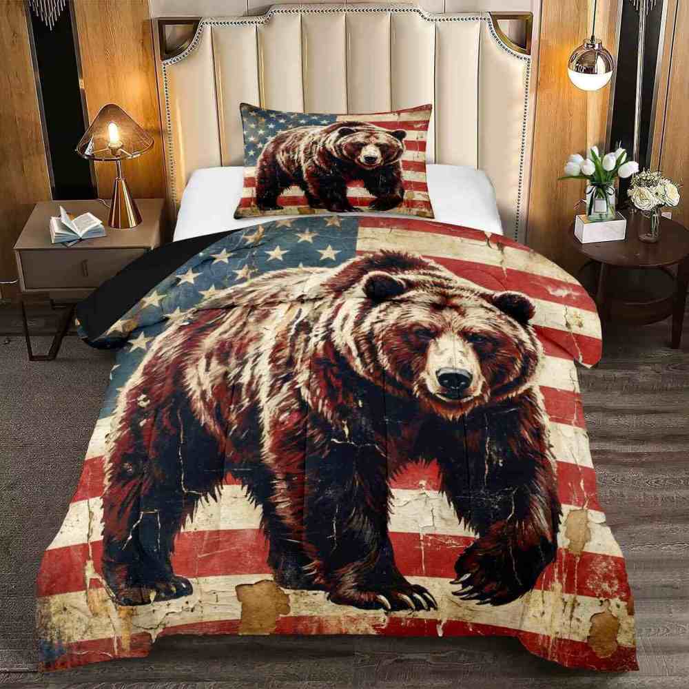 American Flag Grizzly Bear Comforter Set | CozyLil