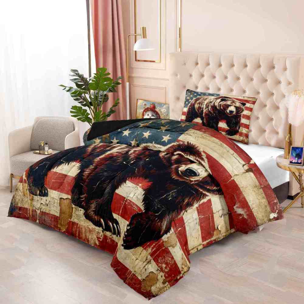 American Flag Grizzly Bear Comforter Set | CozyLil