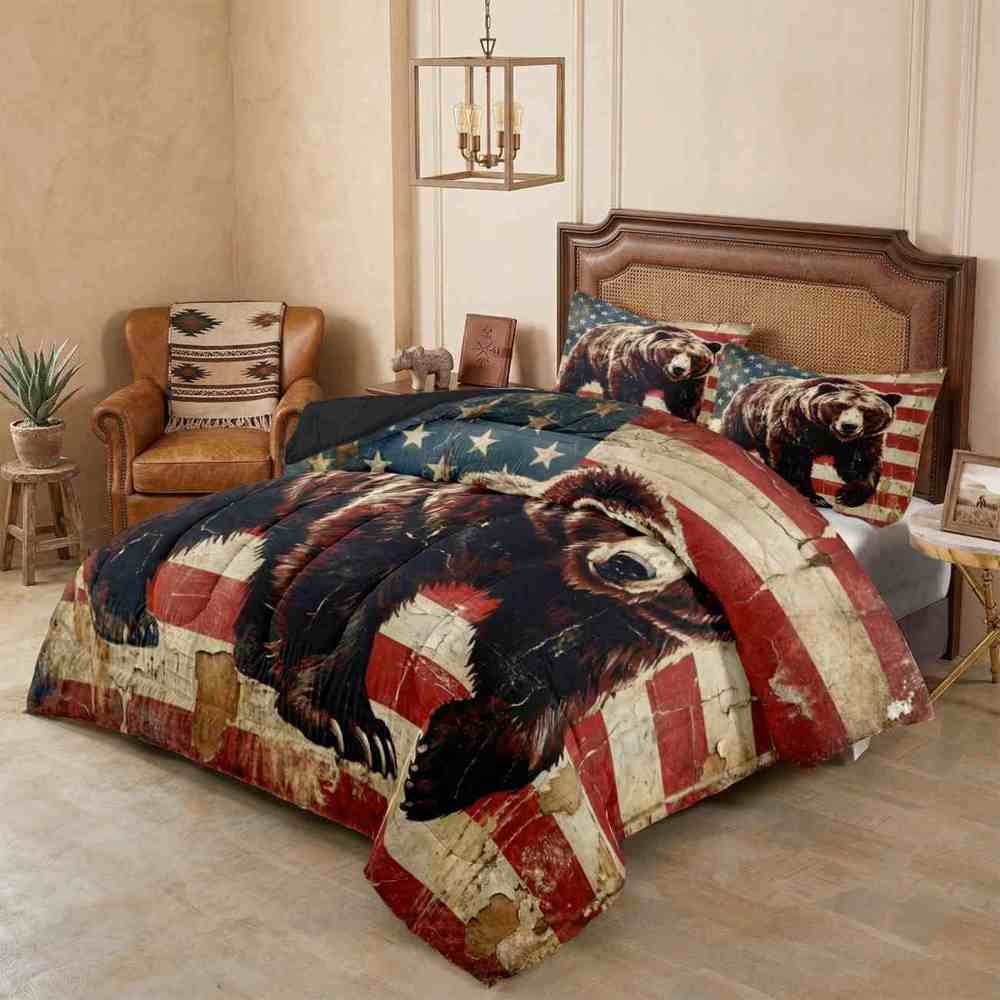 American Flag Grizzly Bear Comforter Set | CozyLil