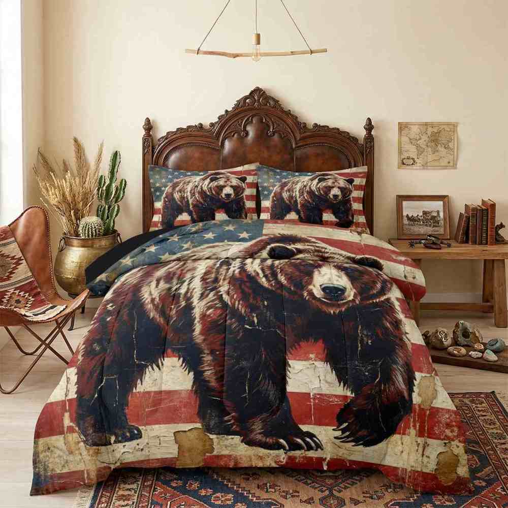 American Flag Grizzly Bear Comforter Set | CozyLil