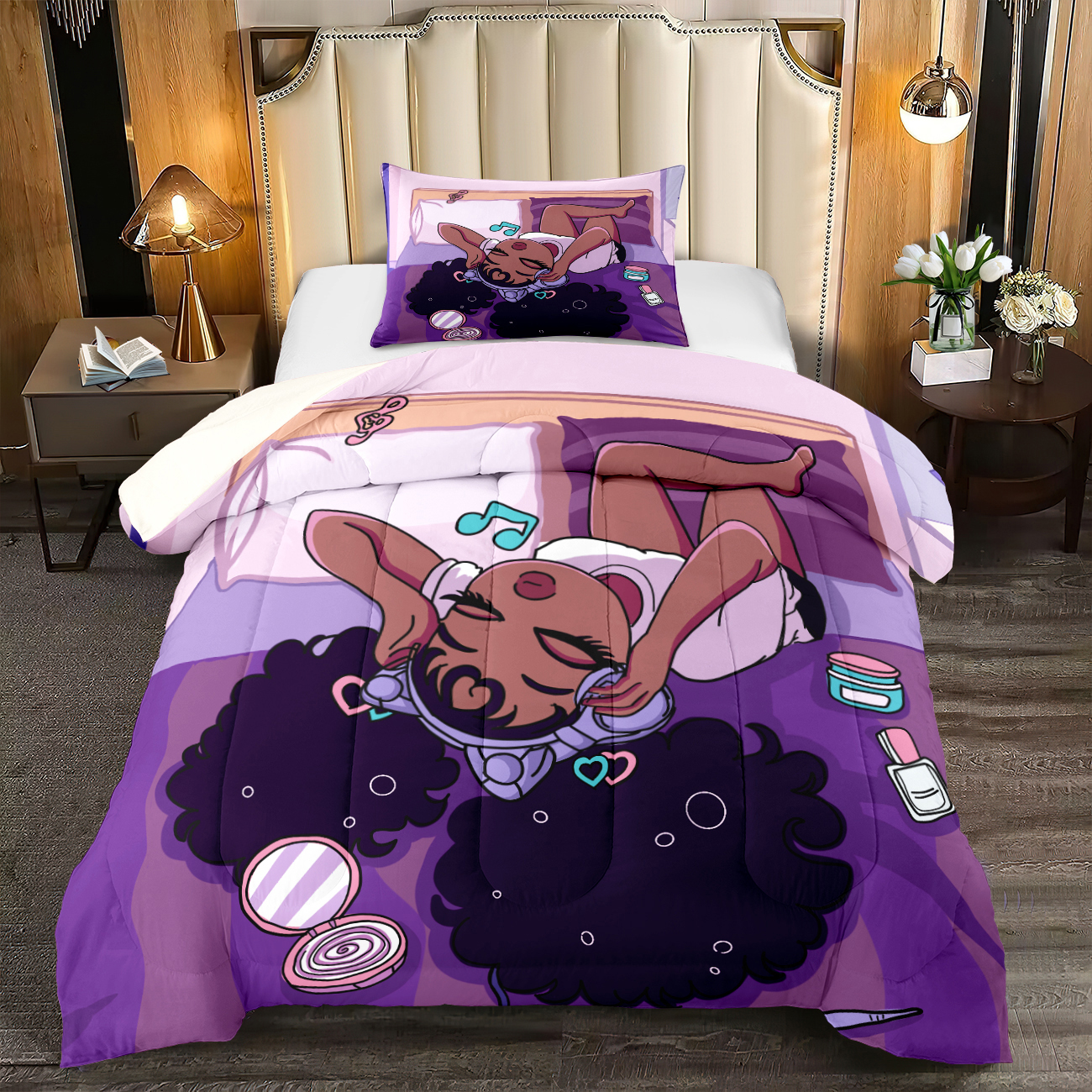 Purple Music Melanin Girl Comforter Set with Headphones | CozyLil