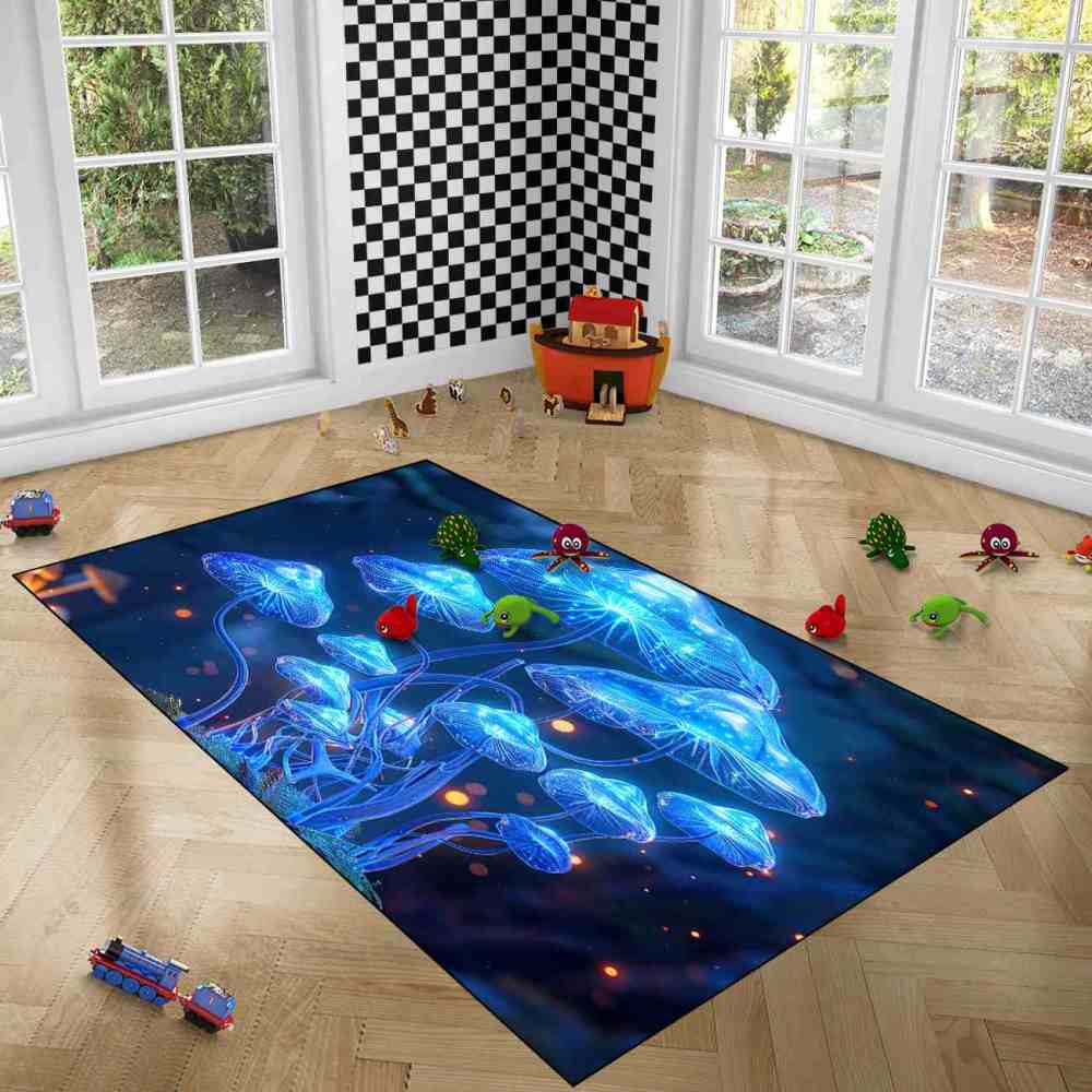 Deep Blue Ethereal Mushroom Men's Room Area Rug | CozyLil