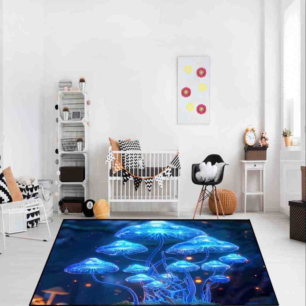 Deep Blue Ethereal Mushroom Men's Room Area Rug | CozyLil