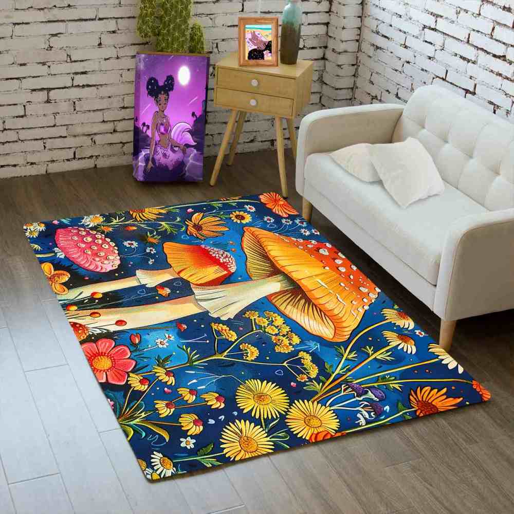 Cheerful Daisy & Orange Mushroom Area Rug Upgrade Ultra Non-Slip | CozyLil