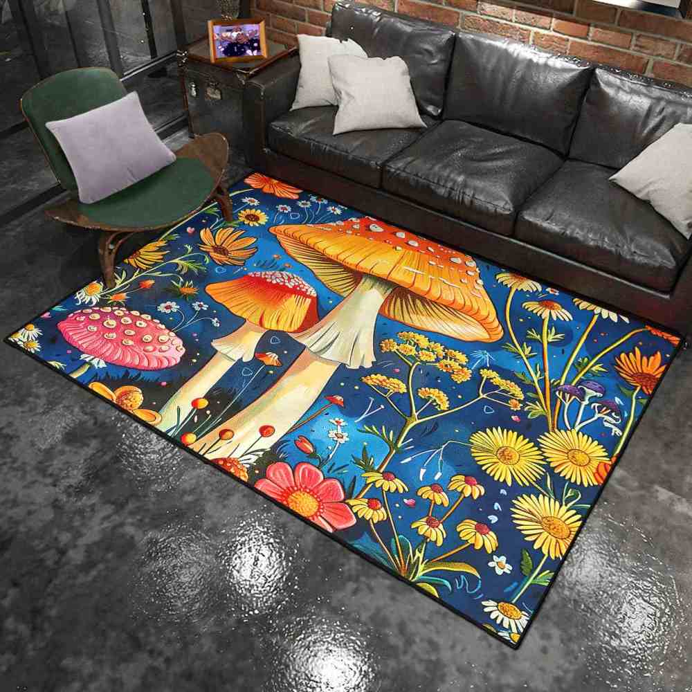Cheerful Daisy & Orange Mushroom Area Rug Upgrade Ultra Non-Slip | CozyLil