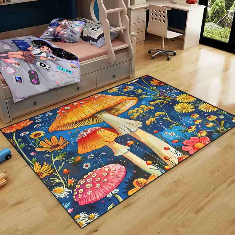 Cheerful Daisy & Orange Mushroom Area Rug Upgrade Ultra Non-Slip | CozyLil