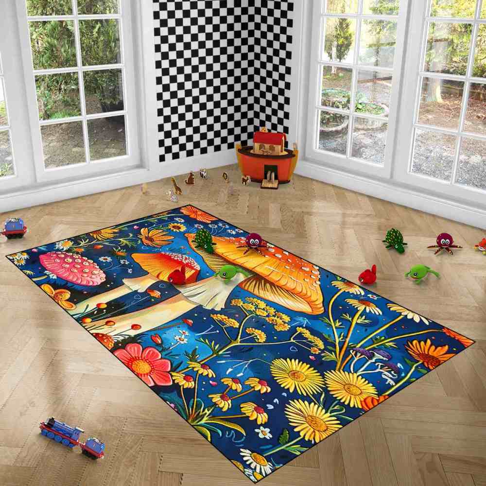 Cheerful Daisy & Orange Mushroom Area Rug Upgrade Ultra Non-Slip | CozyLil