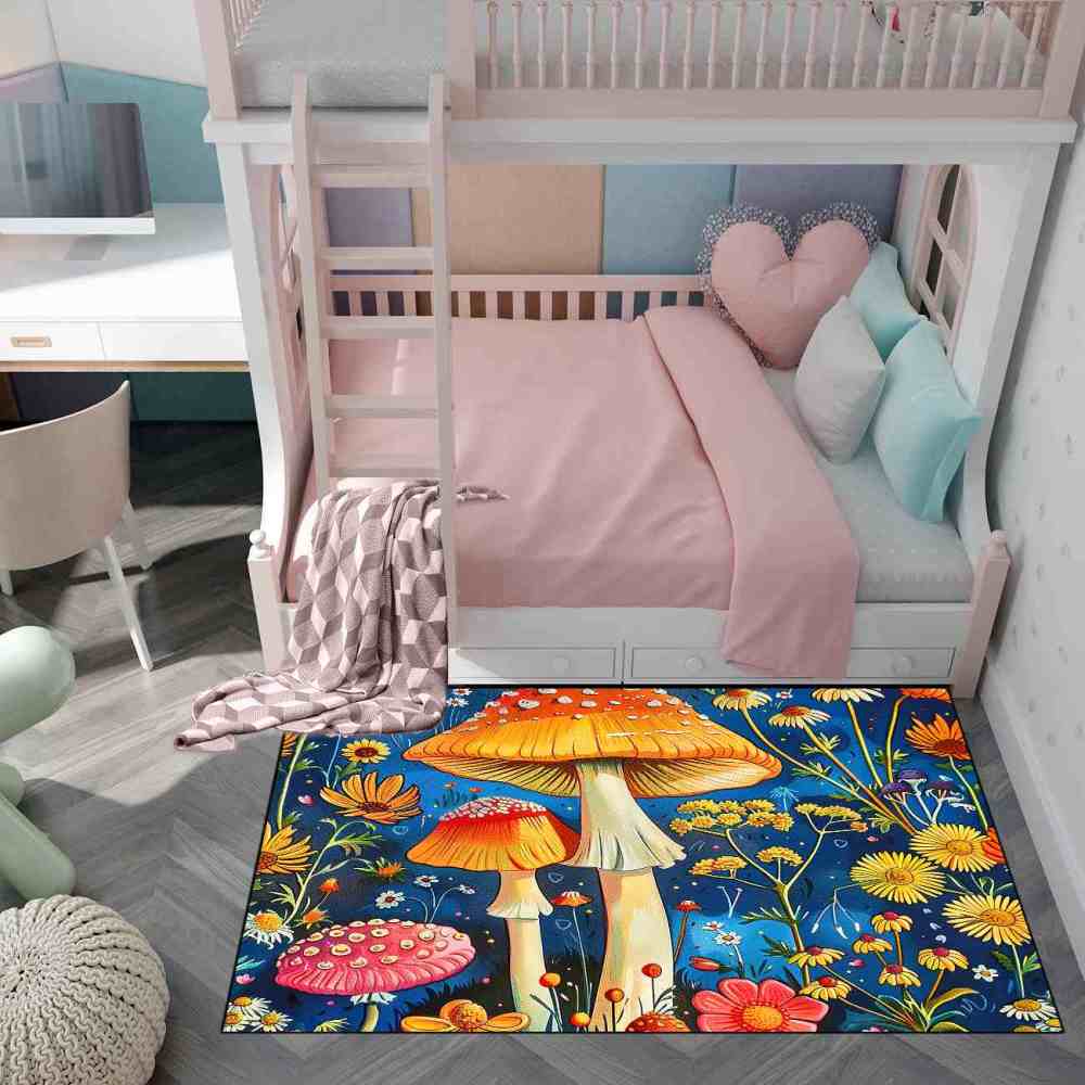 Cheerful Daisy & Orange Mushroom Area Rug Upgrade Ultra Non-Slip | CozyLil