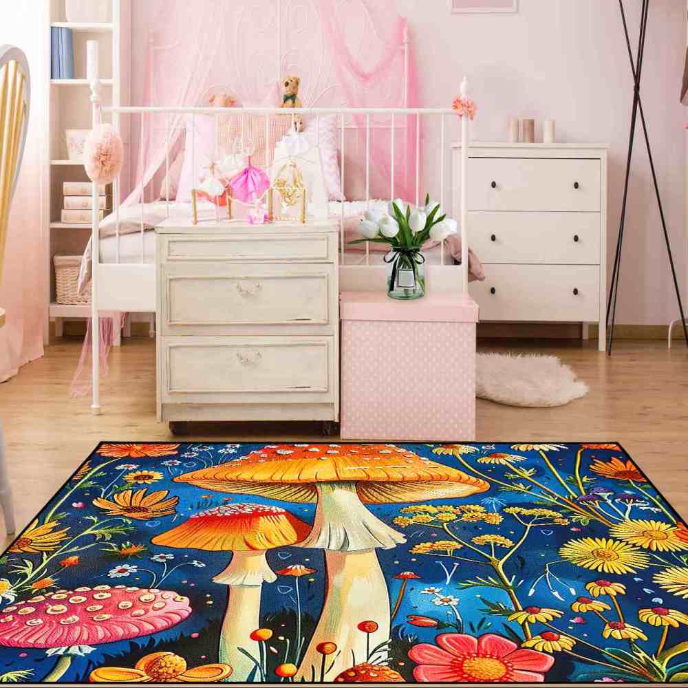 Cheerful Daisy & Orange Mushroom Area Rug Upgrade Ultra Non-Slip | CozyLil