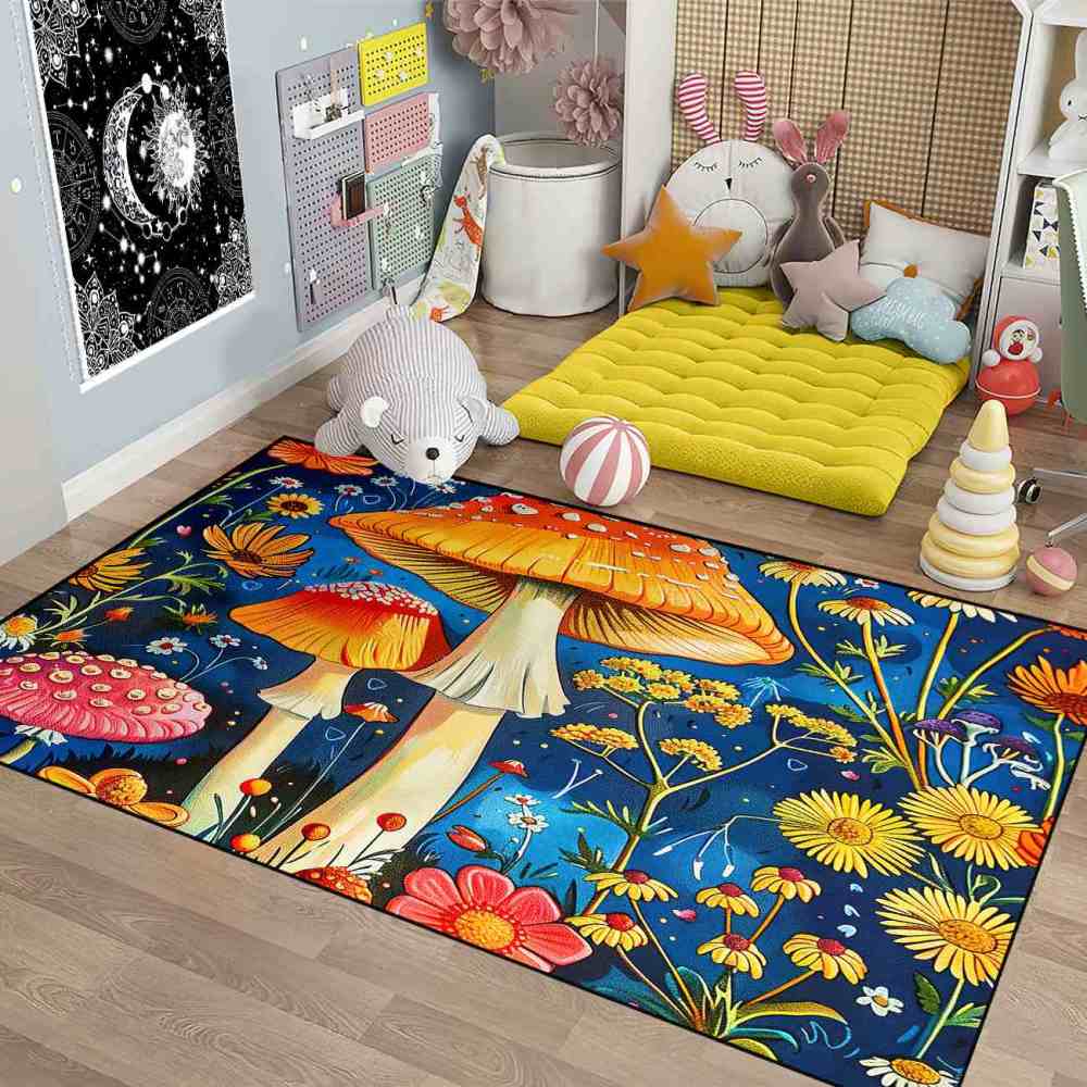 Cheerful Daisy & Orange Mushroom Area Rug Upgrade Ultra Non-Slip | CozyLil