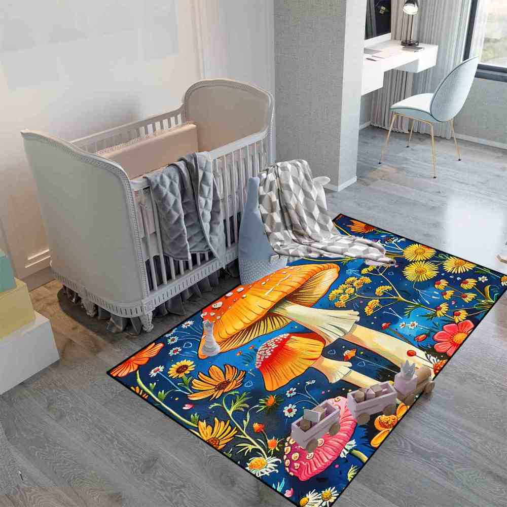 Cheerful Daisy & Orange Mushroom Area Rug Upgrade Ultra Non-Slip | CozyLil