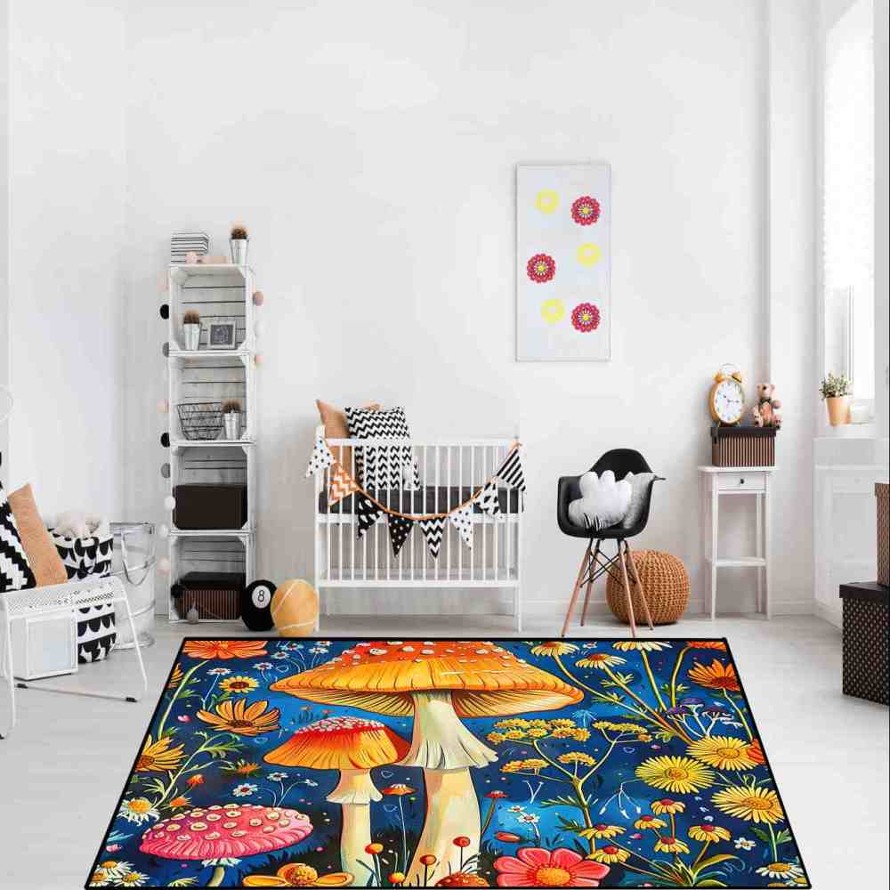 Cheerful Daisy & Orange Mushroom Area Rug Upgrade Ultra Non-Slip | CozyLil