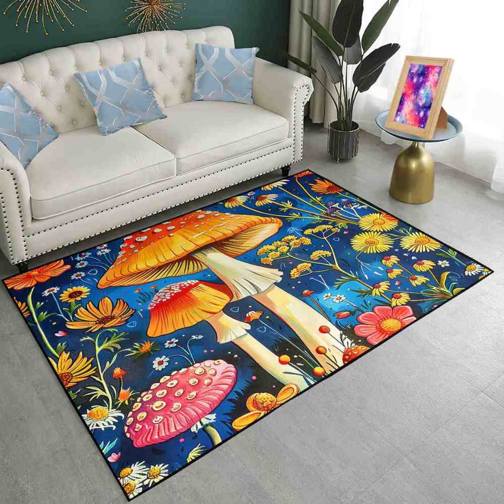 Cheerful Daisy & Orange Mushroom Area Rug Upgrade Ultra Non-Slip | CozyLil