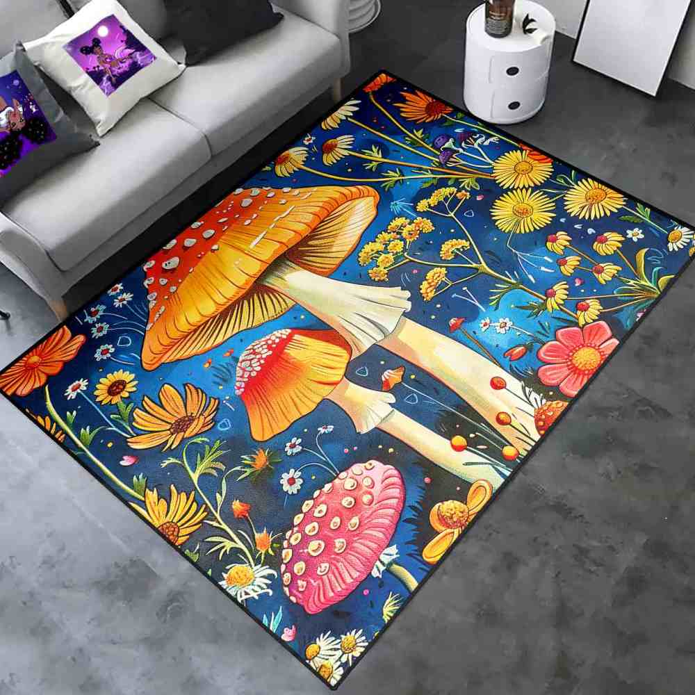 Cheerful Daisy & Orange Mushroom Area Rug Upgrade Ultra Non-Slip | CozyLil