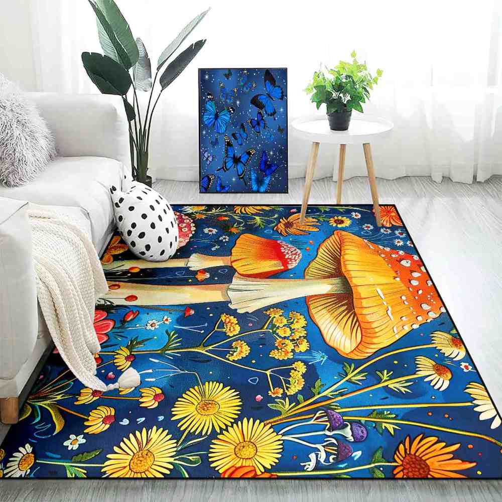 Cheerful Daisy & Orange Mushroom Area Rug Upgrade Ultra Non-Slip | CozyLil
