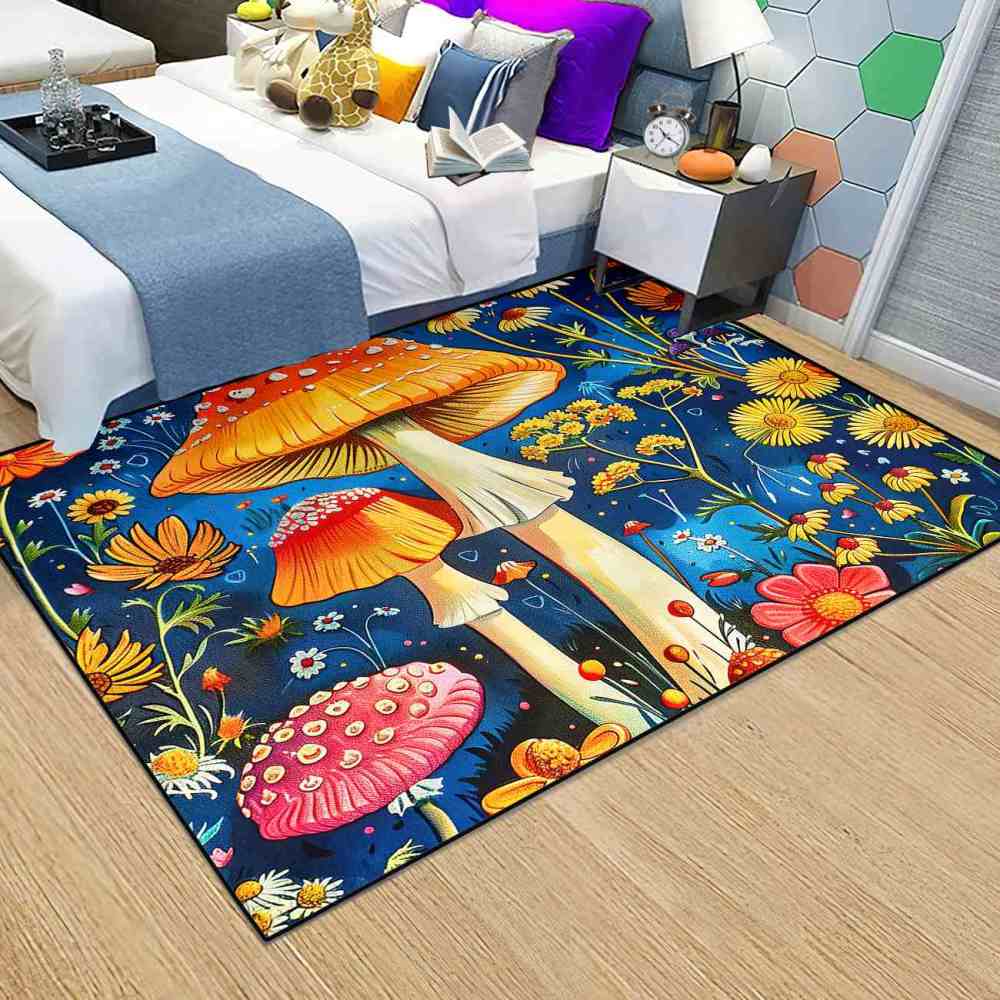 Cheerful Daisy & Orange Mushroom Area Rug Upgrade Ultra Non-Slip | CozyLil