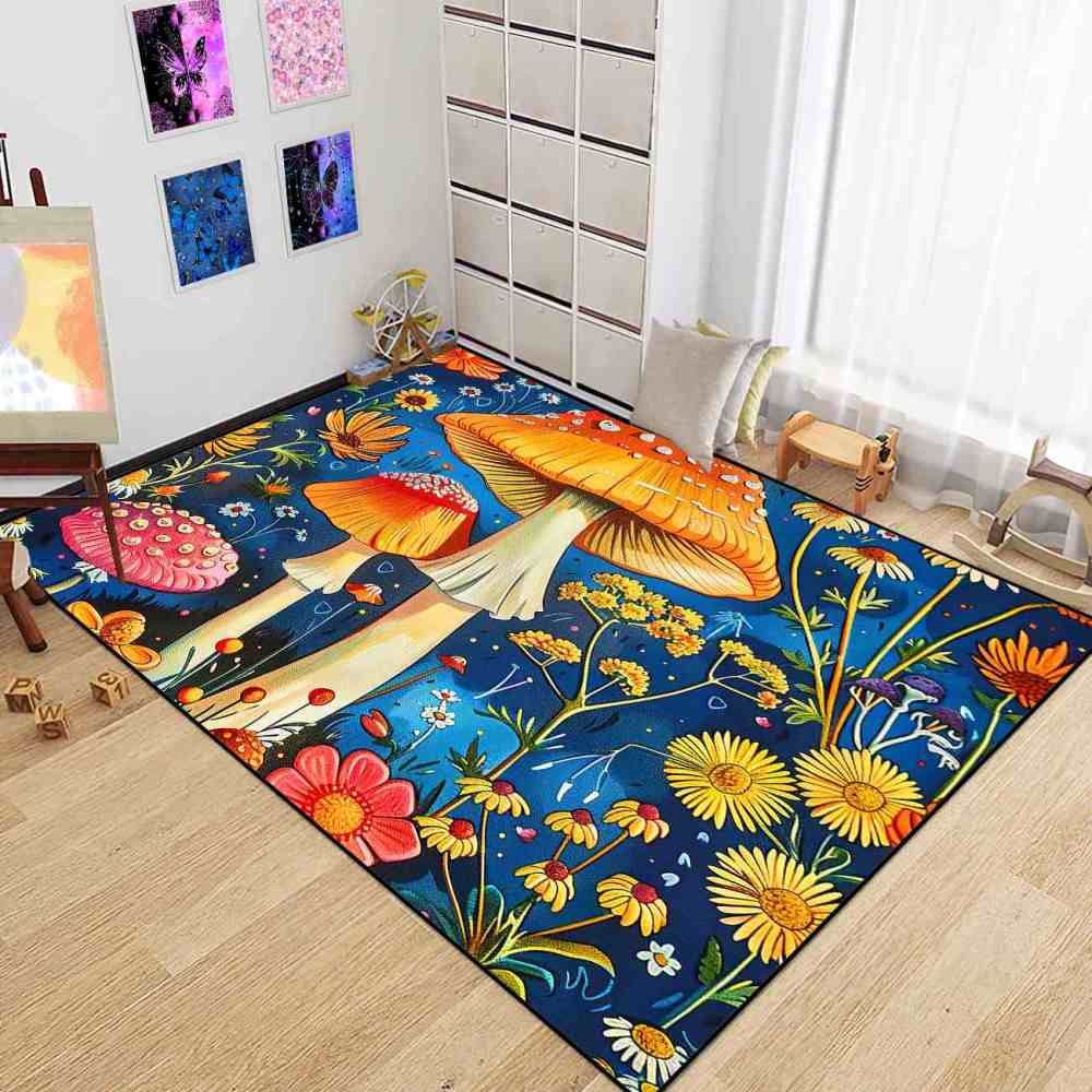 Cheerful Daisy & Orange Mushroom Area Rug Upgrade Ultra Non-Slip | CozyLil