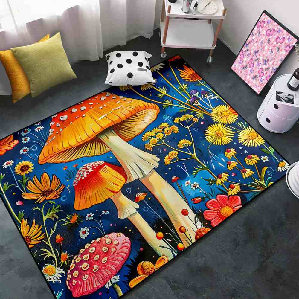 Cheerful Daisy & Orange Mushroom Area Rug Upgrade Ultra Non-Slip | CozyLil
